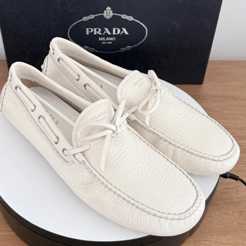 Prada Mens Bianco White Pebbled Leather Driving Loafers 2DD190 US Size 9